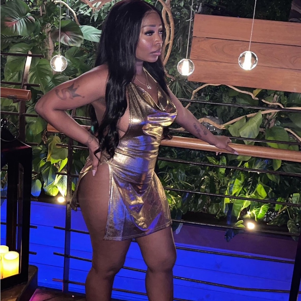 Yvelux Gold Metallic Mini Halter Dress
